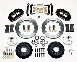 Wilwood Forged Narrow Superlite 6R Big Brake Front Brake Kit (Hub) Parts Laid Out - Black Powder Coat Caliper - GT Slotted Rotor