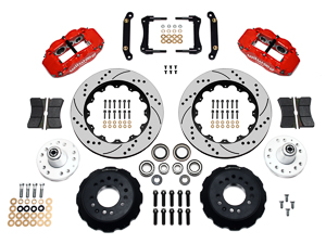 Wilwood Forged Narrow Superlite 6R Big Brake Front Brake Kit (Hub) Parts Laid Out - Red Powder Coat Caliper - SRP Drilled & Slotted Rotor