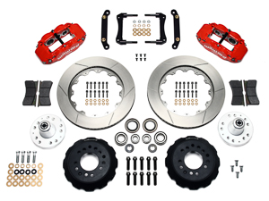 Wilwood Forged Narrow Superlite 6R Big Brake Front Brake Kit (Hub) Parts Laid Out - Red Powder Coat Caliper - GT Slotted Rotor