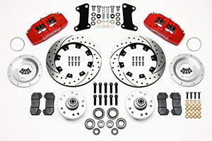 Wilwood Forged Dynapro 6 Big Brake Front Brake Kit (Hub) Parts Laid Out - Red Powder Coat Caliper - SRP Drilled & Slotted Rotor