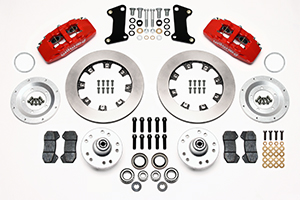 Wilwood Forged Dynapro 6 Big Brake Front Brake Kit (Hub) Parts Laid Out - Red Powder Coat Caliper - Plain Face Rotor