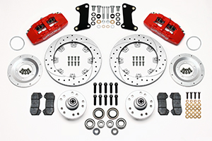 Wilwood Forged Dynapro 6 Big Brake Front Brake Kit (Hub) Parts Laid Out - Red Powder Coat Caliper - SRP Drilled & Slotted Rotor