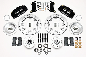 Wilwood Forged Dynapro 6 Big Brake Front Brake Kit (Hub) Parts Laid Out - Black Powder Coat Caliper - SRP Drilled & Slotted Rotor