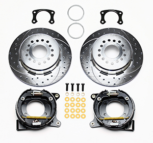 Wilwood Forged Dynalite Rear Parking Brake Kit (Less Calipers) Parts Laid Out - SRP Drilled & Slotted Rotor