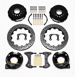 Wilwood Forged Narrow Superlite 4R Big Brake Rear Parking Brake Kit (Less Calipers) Parts Laid Out - GT Slotted Rotor