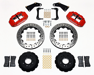 Wilwood Forged Narrow Superlite 6R Big Brake Front Brake Kit (Hat) Parts Laid Out - Red Powder Coat Caliper - SRP Drilled & Slotted Rotor