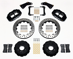 Wilwood Forged Narrow Superlite 6R Big Brake Front Brake Kit (Hat) Parts Laid Out - Black Powder Coat Caliper - SRP Drilled & Slotted Rotor