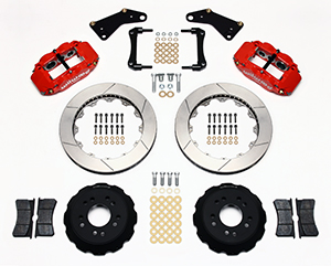 Wilwood Forged Narrow Superlite 6R Big Brake Front Brake Kit (Hat) Parts Laid Out - Red Powder Coat Caliper - GT Slotted Rotor