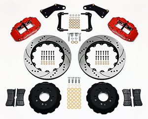 Wilwood Forged Narrow Superlite 6R Big Brake Front Brake Kit (Hat) Parts Laid Out - Red Powder Coat Caliper - SRP Drilled & Slotted Rotor