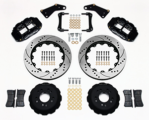 Wilwood Forged Narrow Superlite 6R Big Brake Front Brake Kit (Hat) Parts Laid Out - Black Powder Coat Caliper - SRP Drilled & Slotted Rotor