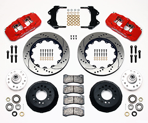 Wilwood AERO6 Big Brake Front Brake Kit Parts Laid Out - Red Powder Coat Caliper - SRP Drilled & Slotted Rotor