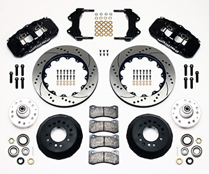 Wilwood AERO6 Big Brake Front Brake Kit Parts Laid Out - Black Powder Coat Caliper - SRP Drilled & Slotted Rotor