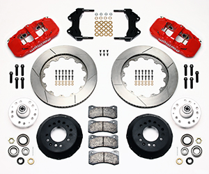 Wilwood AERO6 Big Brake Front Brake Kit Parts Laid Out - Red Powder Coat Caliper - GT Slotted Rotor