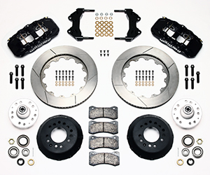 Wilwood AERO6 Big Brake Front Brake Kit Parts Laid Out - Black Powder Coat Caliper - GT Slotted Rotor