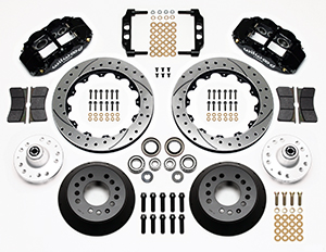 Wilwood Forged Narrow Superlite 6R Big Brake Front Brake Kit (Hub) Parts Laid Out - Black Powder Coat Caliper - SRP Drilled & Slotted Rotor