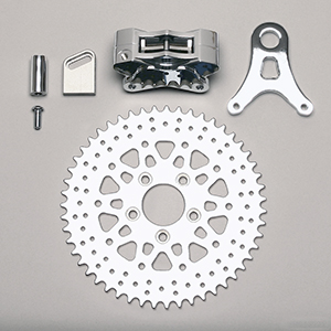 Wilwood GP310 Motorcycle Rear Sprocket Brake Kit Parts Laid Out - Polish Caliper - Drilled Rotor