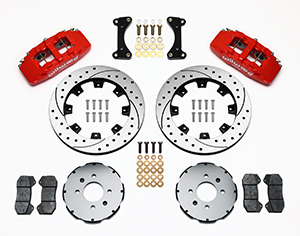 Wilwood Forged Dynapro 6 Big Brake Front Brake Kit (Hat) Parts Laid Out - Red Powder Coat Caliper - SRP Drilled & Slotted Rotor