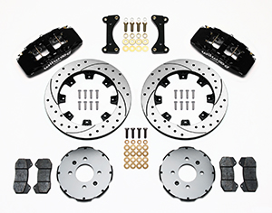 Wilwood Forged Dynapro 6 Big Brake Front Brake Kit (Hat) Parts Laid Out - Black Powder Coat Caliper - SRP Drilled & Slotted Rotor