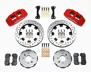Wilwood Forged Dynapro 6 Big Brake Front Brake Kit (Hat) Parts Laid Out - Red Powder Coat Caliper - SRP Drilled & Slotted Rotor