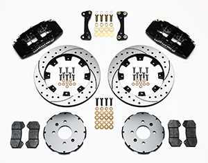 Wilwood Forged Dynapro 6 Big Brake Front Brake Kit (Hat) Parts Laid Out - Black Powder Coat Caliper - SRP Drilled & Slotted Rotor