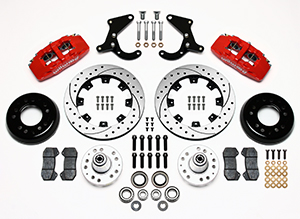 Wilwood Forged Dynapro 6 Big Brake Front Brake Kit (Hub) Parts Laid Out - Red Powder Coat Caliper - SRP Drilled & Slotted Rotor