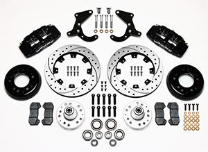 Wilwood Forged Dynapro 6 Big Brake Front Brake Kit (Hub) Parts Laid Out - Black Powder Coat Caliper - SRP Drilled & Slotted Rotor