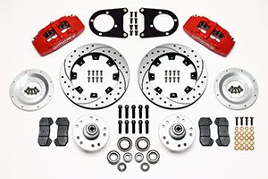 Wilwood Forged Dynapro 6 Big Brake Front Brake Kit (Hub) Parts Laid Out - Red Powder Coat Caliper - SRP Drilled & Slotted Rotor