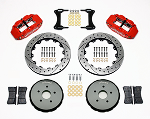 Wilwood Forged Narrow Superlite 6R Big Brake Front Brake Kit (Hat) Parts Laid Out - Red Powder Coat Caliper - SRP Drilled & Slotted Rotor