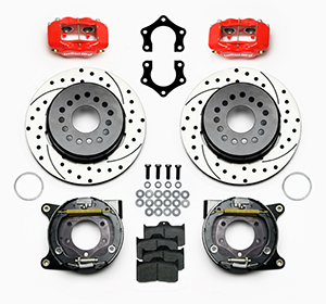 Wilwood Forged Dynalite Rear Parking Brake Kit Parts Laid Out - Red Powder Coat Caliper - SRP Drilled & Slotted Rotor