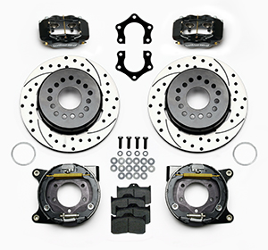 Wilwood Forged Dynalite Rear Parking Brake Kit Parts Laid Out - Black Powder Coat Caliper - SRP Drilled & Slotted Rotor