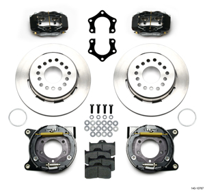 Wilwood Forged Dynalite Rear Parking Brake Kit Parts Laid Out - Black Powder Coat Caliper - Plain Face Rotor