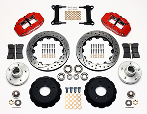 Wilwood Forged Narrow Superlite 6R Big Brake Front Brake Kit (Hub) Parts Laid Out - Red Powder Coat Caliper - SRP Drilled & Slotted Rotor