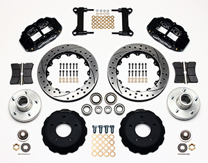 Wilwood Forged Narrow Superlite 6R Big Brake Front Brake Kit (Hub) Parts Laid Out - Black Powder Coat Caliper - SRP Drilled & Slotted Rotor