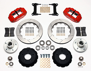 Wilwood Forged Narrow Superlite 6R Big Brake Front Brake Kit (Hub) Parts Laid Out - Red Powder Coat Caliper - GT Slotted Rotor