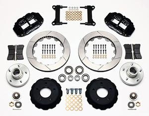 Wilwood Forged Narrow Superlite 6R Big Brake Front Brake Kit (Hub) Parts Laid Out - Black Powder Coat Caliper - GT Slotted Rotor