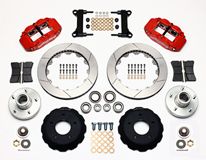 Wilwood Forged Narrow Superlite 6R Big Brake Front Brake Kit (Hub) Parts Laid Out - Red Powder Coat Caliper - GT Slotted Rotor