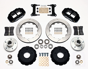 Wilwood Forged Narrow Superlite 6R Big Brake Front Brake Kit (Hub) Parts Laid Out - Black Powder Coat Caliper - GT Slotted Rotor