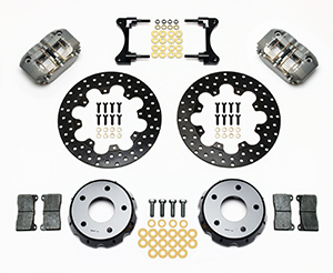 Wilwood Dynapro Radial Front Drag Brake Kit Parts Laid Out - Type III Anodize Caliper - Drilled Rotor