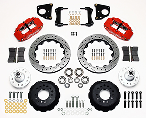 Wilwood Forged Narrow Superlite 6R Big Brake Front Brake Kit (Hub) Parts Laid Out - Red Powder Coat Caliper - SRP Drilled & Slotted Rotor