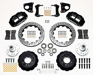 Wilwood Forged Narrow Superlite 6R Big Brake Front Brake Kit (Hub) Parts Laid Out - Black Powder Coat Caliper - SRP Drilled & Slotted Rotor