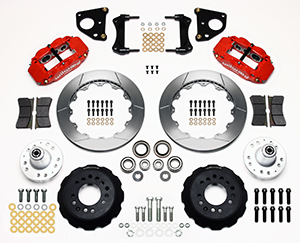 Wilwood Forged Narrow Superlite 6R Big Brake Front Brake Kit (Hub) Parts Laid Out - Red Powder Coat Caliper - GT Slotted Rotor