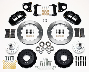 Wilwood Forged Narrow Superlite 6R Big Brake Front Brake Kit (Hub) Parts Laid Out - Black Powder Coat Caliper - GT Slotted Rotor