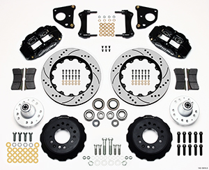 Wilwood Forged Narrow Superlite 6R Big Brake Front Brake Kit (Hub) Parts Laid Out - Black Powder Coat Caliper - SRP Drilled & Slotted Rotor