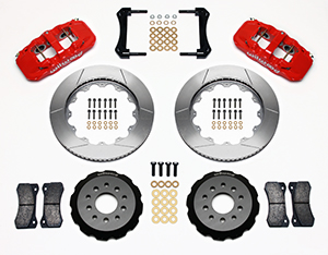 Wilwood AERO6 Big Brake Front Brake Kit Parts Laid Out - Red Powder Coat Caliper - GT Slotted Rotor