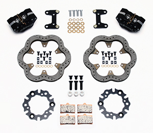 Wilwood GP320 Midget Front Brake Kit Parts Laid Out - Type III Anodize Caliper - Drilled Rotor