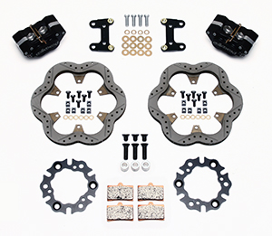 Wilwood GP320 Midget Front Brake Kit Parts Laid Out - Type III Anodize Caliper - Drilled Rotor