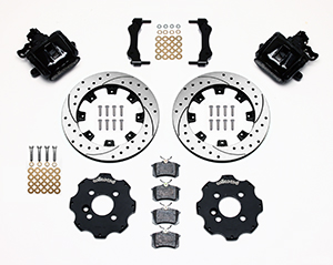 Wilwood Combination Parking Brake Caliper Rear Brake Kit Parts Laid Out - Black Powder Coat Caliper - SRP Drilled & Slotted Rotor