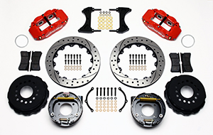 Wilwood Forged Narrow Superlite 4R Big Brake Rear Parking Brake Kit Parts Laid Out - Red Powder Coat Caliper - SRP Drilled & Slotted Rotor