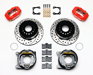 Wilwood Forged Dynalite Rear Parking Brake Kit Parts Laid Out - Red Powder Coat Caliper - SRP Drilled & Slotted Rotor