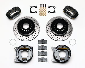 Wilwood Forged Dynalite Rear Parking Brake Kit Parts Laid Out - Black Powder Coat Caliper - SRP Drilled & Slotted Rotor